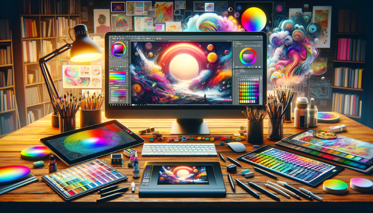 Digital art studio with a computer screen showing Dall-E 3, surrounded by graphic tablets, styluses, and digital paintings, symbolizing the blend of traditional artistry and modern technology.