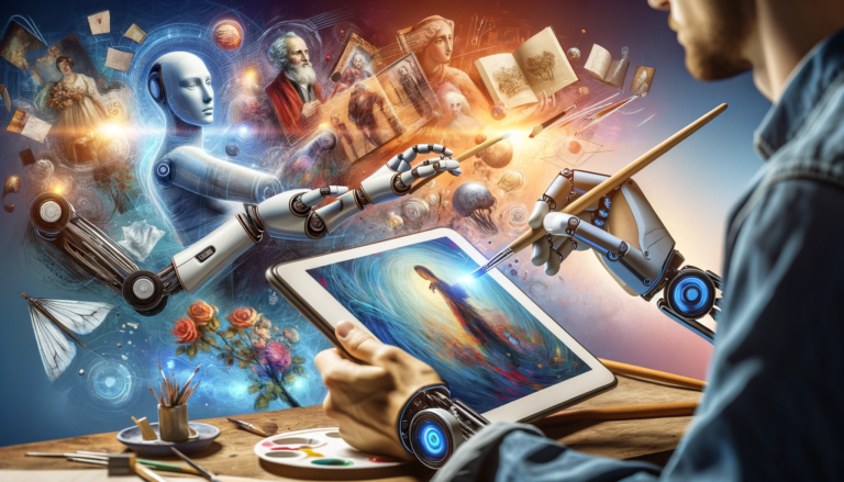 Digital artist painting on a tablet with a robotic hand guiding theirs, against a backdrop of art styles transitioning from classic to futuristic.