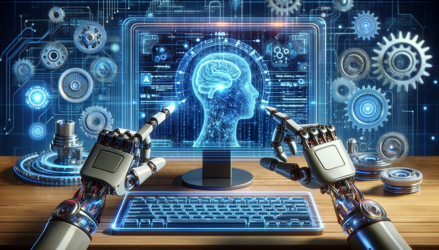 Two robotic hands typing on a futuristic computer interface with a holographic brain display, symbolizing AI and machine learning advancements.